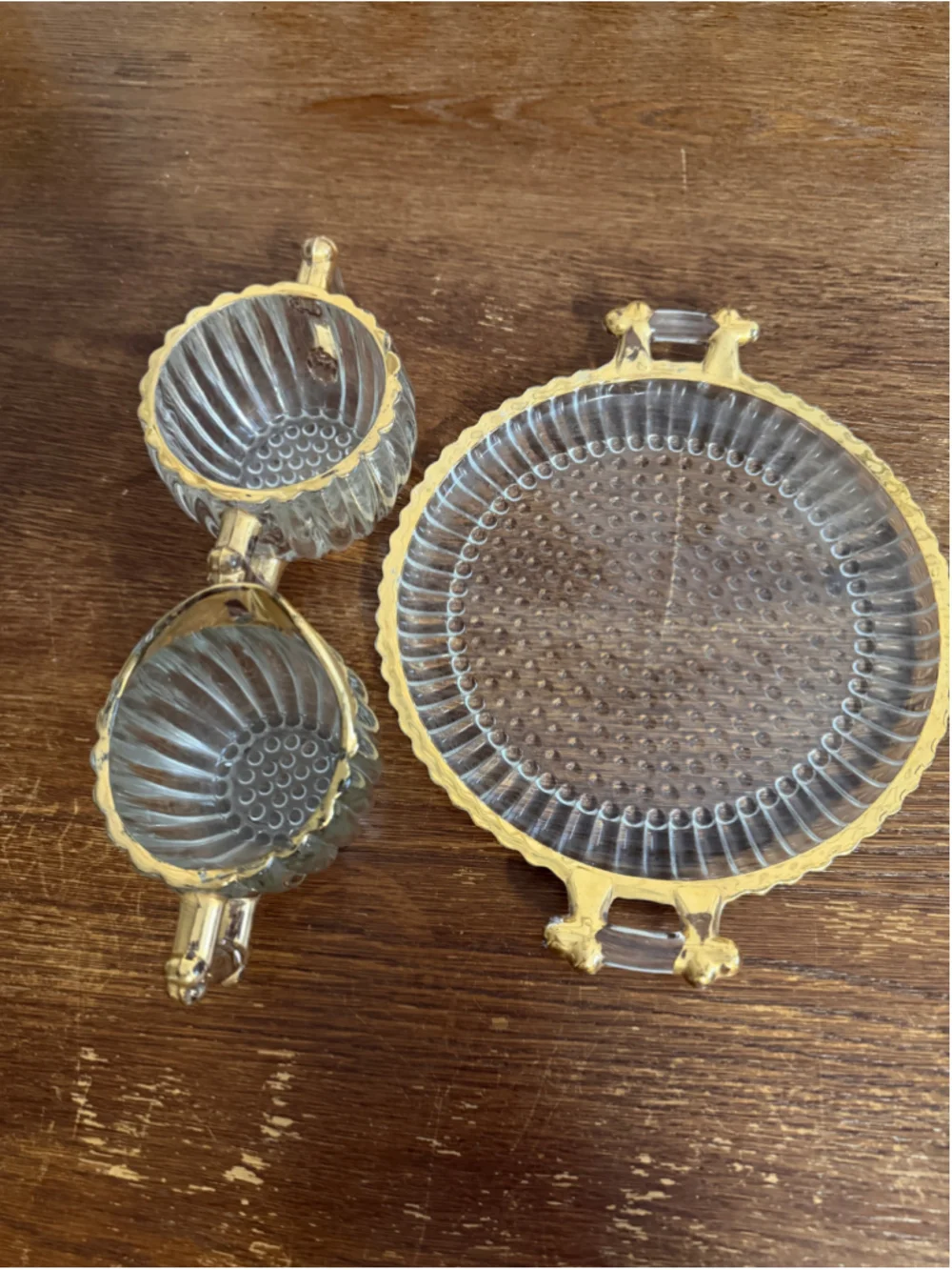 Vintage Smoked Glass Creamer Sugar Bowl & Serving Tray Gold Gilt Hollywood Regen